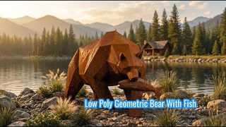 Large Corten Steel Grizzly Bear Sculpture Low Poly Geometric Bear with Fish Statue Outdoor Garden De