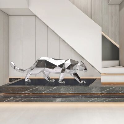 Μοντέρνο Γεωμετρικό Γλυπτό Λεοπάρδαλης - Άγαλμα Τέχνης από Ανοξείδωτο Ατσάλι με Καθρέφτη για Διακόσμηση Σπιτιού & Γραφείου