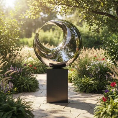 Καλή τιμή. Το Γλυπτό Αντανάκλασης Κρεσέντ: Γυαλισμένο Ατσάλι & Μαύρο Μάρμαρο Έργο Τέχνης σε απευθείας σύνδεση