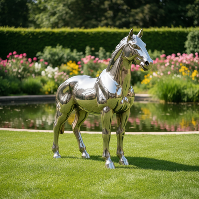 Sculpture de cheval d'extérieur en acier inoxydable grandeur nature, finition miroir, art animalier en métal poli pour la décoration de jardin et de parc