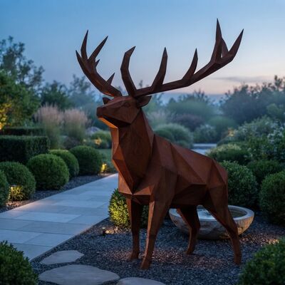 Καλή τιμή. Γλυπτό Ελαφιού από Corten Steel σε φυσικό μέγεθος, χαμηλής πολυγωνικής γεωμετρικής μεταλλικής φιγούρας ελαφιού, διακόσμηση κήπου εξωτερικού χώρου, γλυπτό ζώου από σκουριασμένο ατμοσφαιρικό ατσάλι Διαδικτυακά