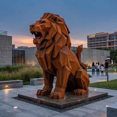 Καλή τιμή. Μεγάλο μοντέρνο γεωμετρικό γλυπτό λιονταριού από χάλυβα Corten, υπαίθριο έργο τέχνης ορόσημο κήπου Διαδικτυακά